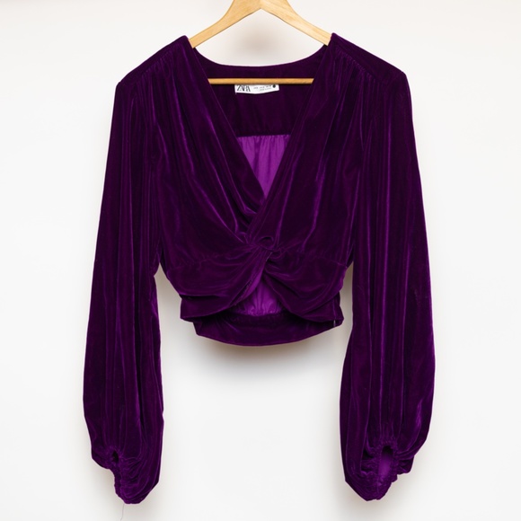 Zara Royal Purple Knotted Velvet Crop Top Size S - Picture 2 of 7